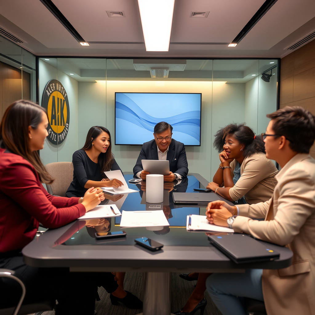 The Albert Kim Foundation team collaborating in a modern conference room, reviewing grant proposals and discussing strategic philanthropic initiatives with diverse community leaders