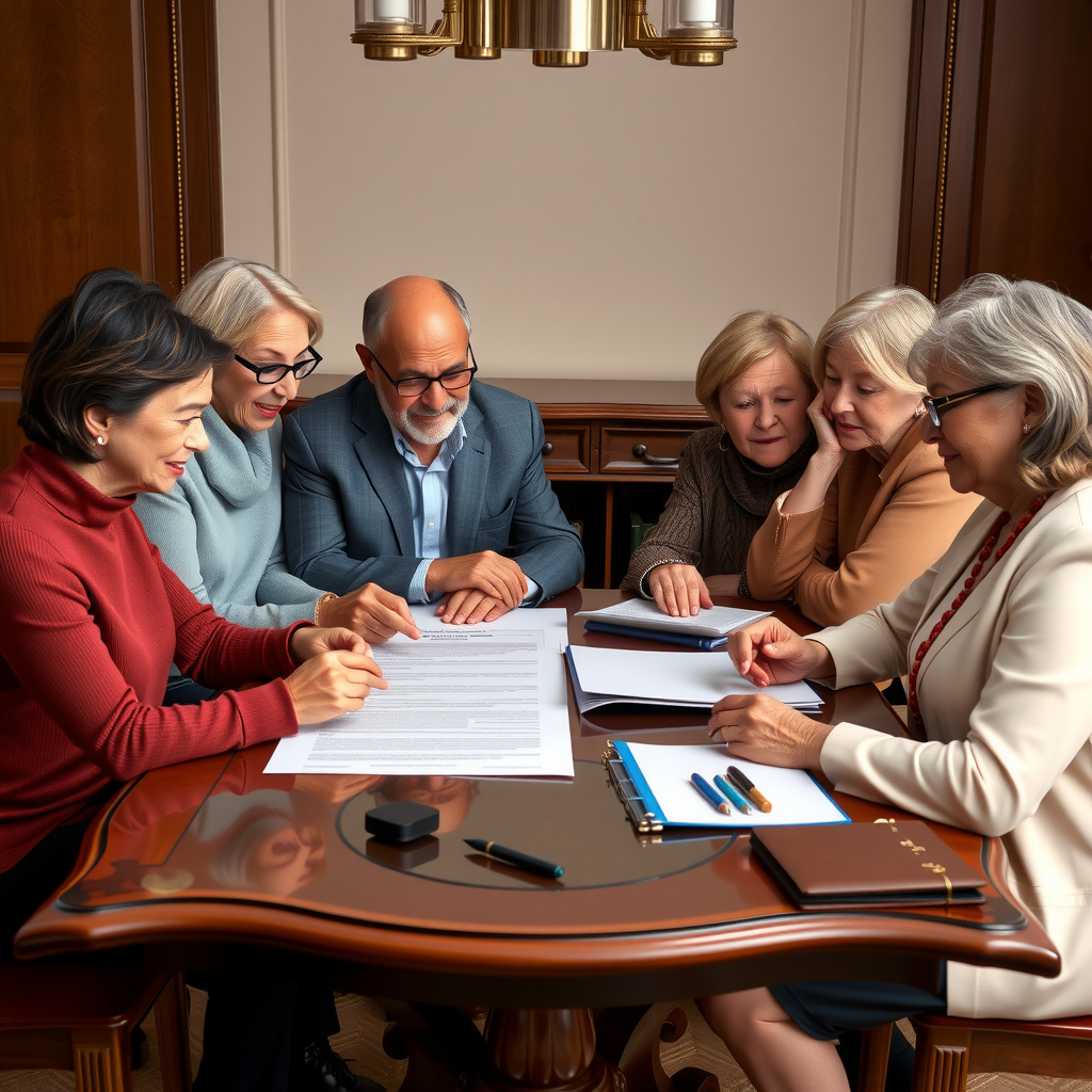 Multi-generational family members of different ages sitting together at an elegant wooden table, reviewing foundation documents and engaging in thoughtful discussion about philanthropic legacy and succession planning
