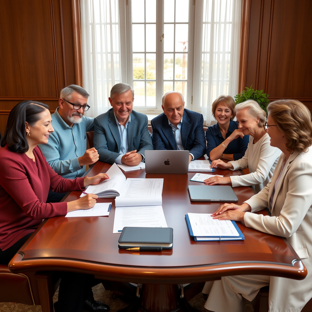 Multi-generational family members of different ages sitting around an elegant wooden table with foundation documents, laptops, and planning materials, symbolizing continuity and legacy in philanthropic governance