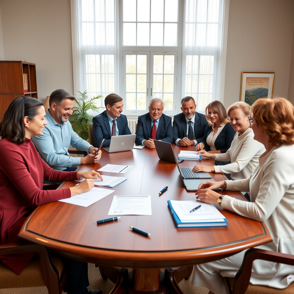 Multi-generational family members of different ages sitting around an elegant wooden conference table in a bright, professional office setting, reviewing foundation documents and discussing philanthropic strategy with laptops and papers spread across the table