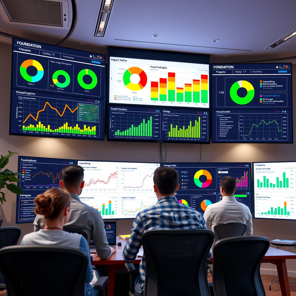 Modern foundation office with large screens displaying colorful data analytics dashboards, charts, and impact metrics, showing foundation staff analyzing grantmaking performance data