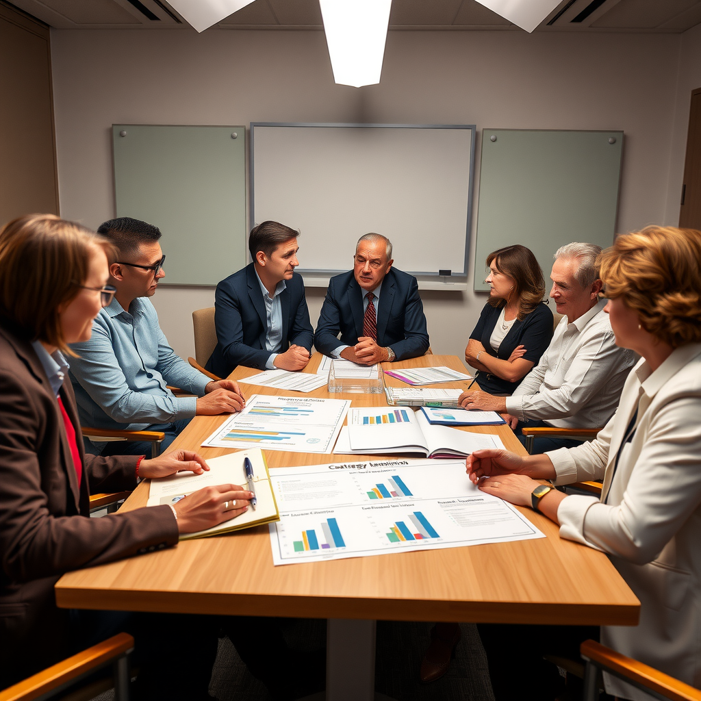 Foundation board members and directors gathered around a conference table reviewing strategic planning documents, charts showing community impact metrics, and stakeholder engagement materials during a strategic planning session