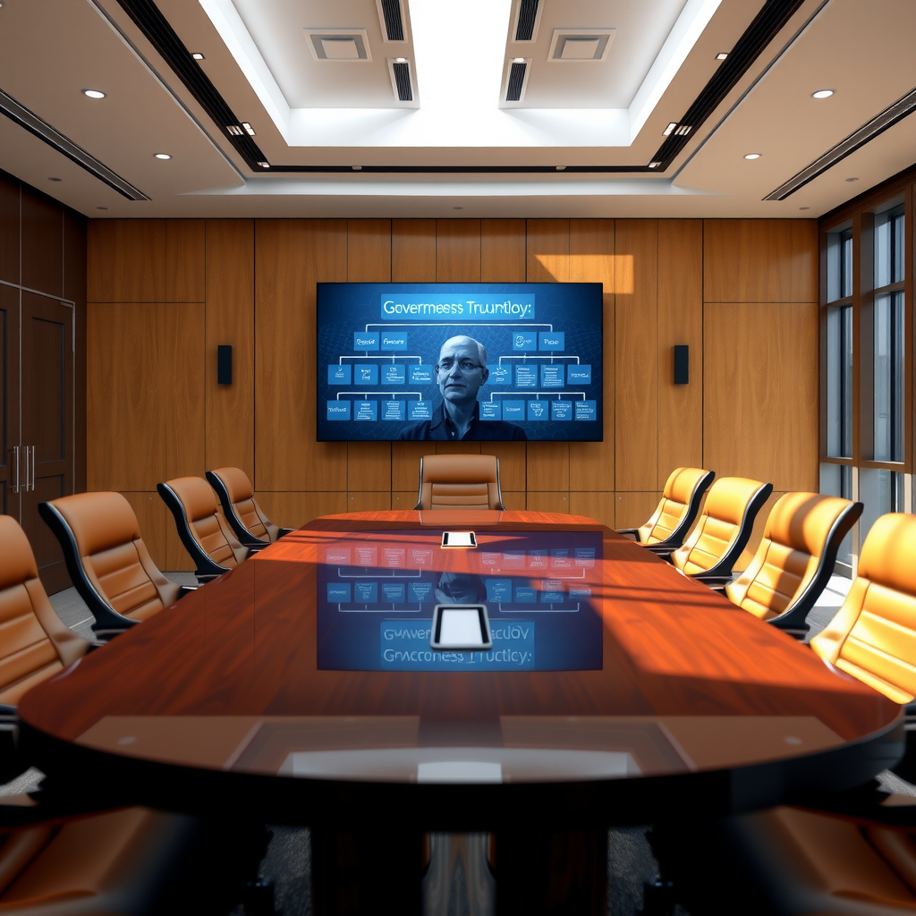 Modern, well-lit boardroom with a large presentation screen displaying organizational charts and governance structures, with leather chairs around a polished table and natural light streaming through windows