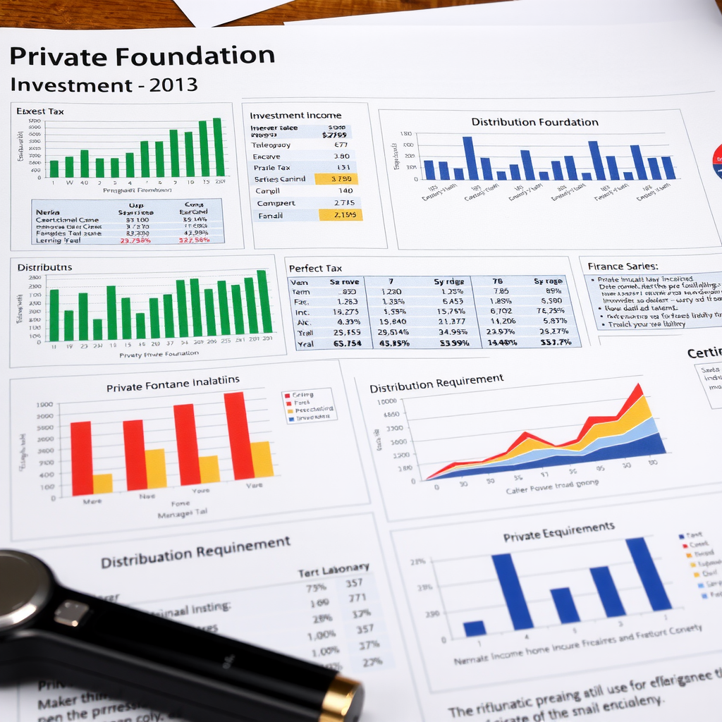 Detailed financial charts and graphs displaying private foundation investment income analysis, excise tax calculations, and distribution requirements with professional financial planning tools and documentation