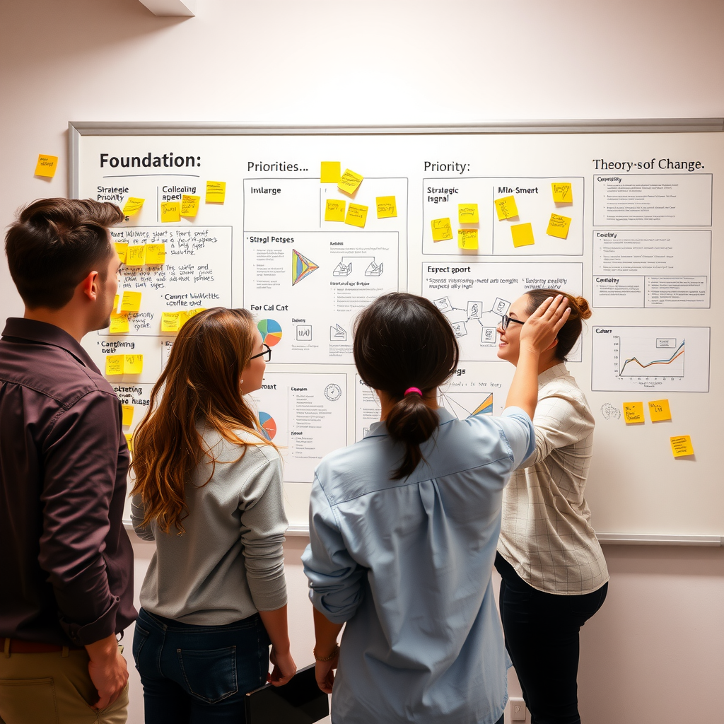 Foundation staff members working collaboratively at a whiteboard covered with sticky notes, charts, and diagrams mapping out strategic priorities, community needs assessment data, and theory of change frameworks during an intensive planning workshop