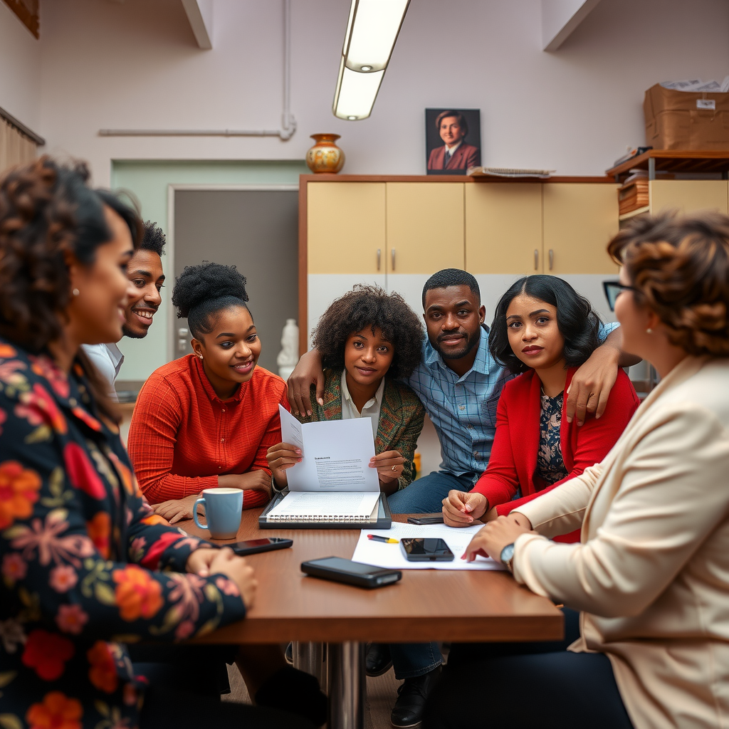 Foundation representatives meeting with diverse community members at a local non-profit organization, discussing program needs and impact opportunities