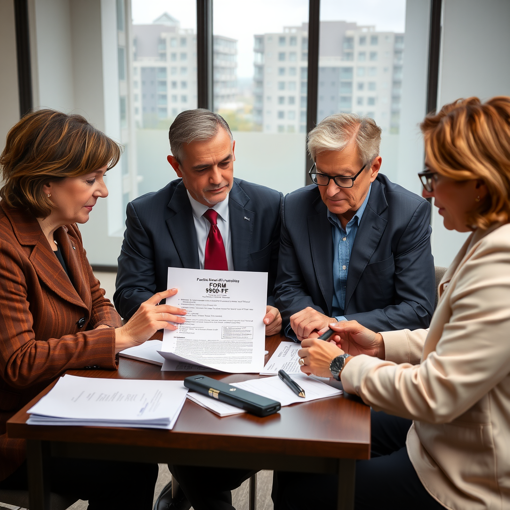 Foundation trustees and financial officers in a professional office setting carefully reviewing Form 990-PF tax documents, compliance checklists, and regulatory guidelines with an experienced financial advisor
