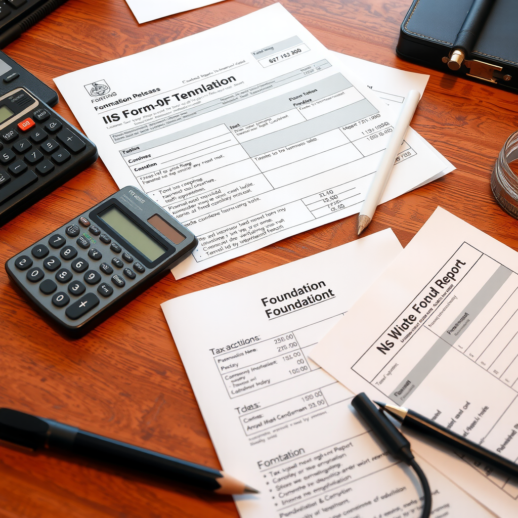 Professional desk setup with IRS Form 990-PF, tax compliance documents, calculator, and financial reports spread out, representing foundation tax regulations and legal requirements