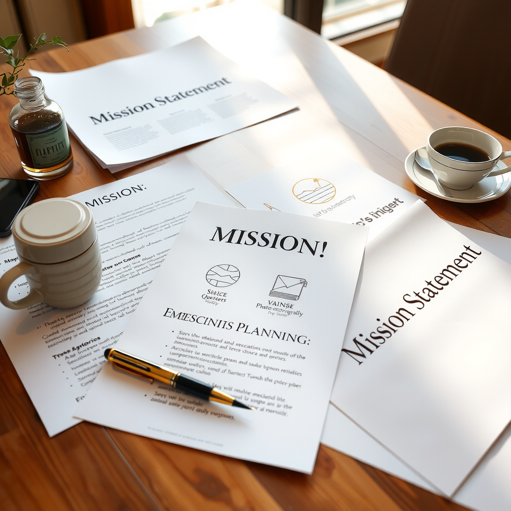Close-up of elegantly designed mission statement documents, strategic planning materials, and vision boards spread across a wooden desk with a fountain pen, coffee cup, and natural lighting creating a thoughtful, professional atmosphere