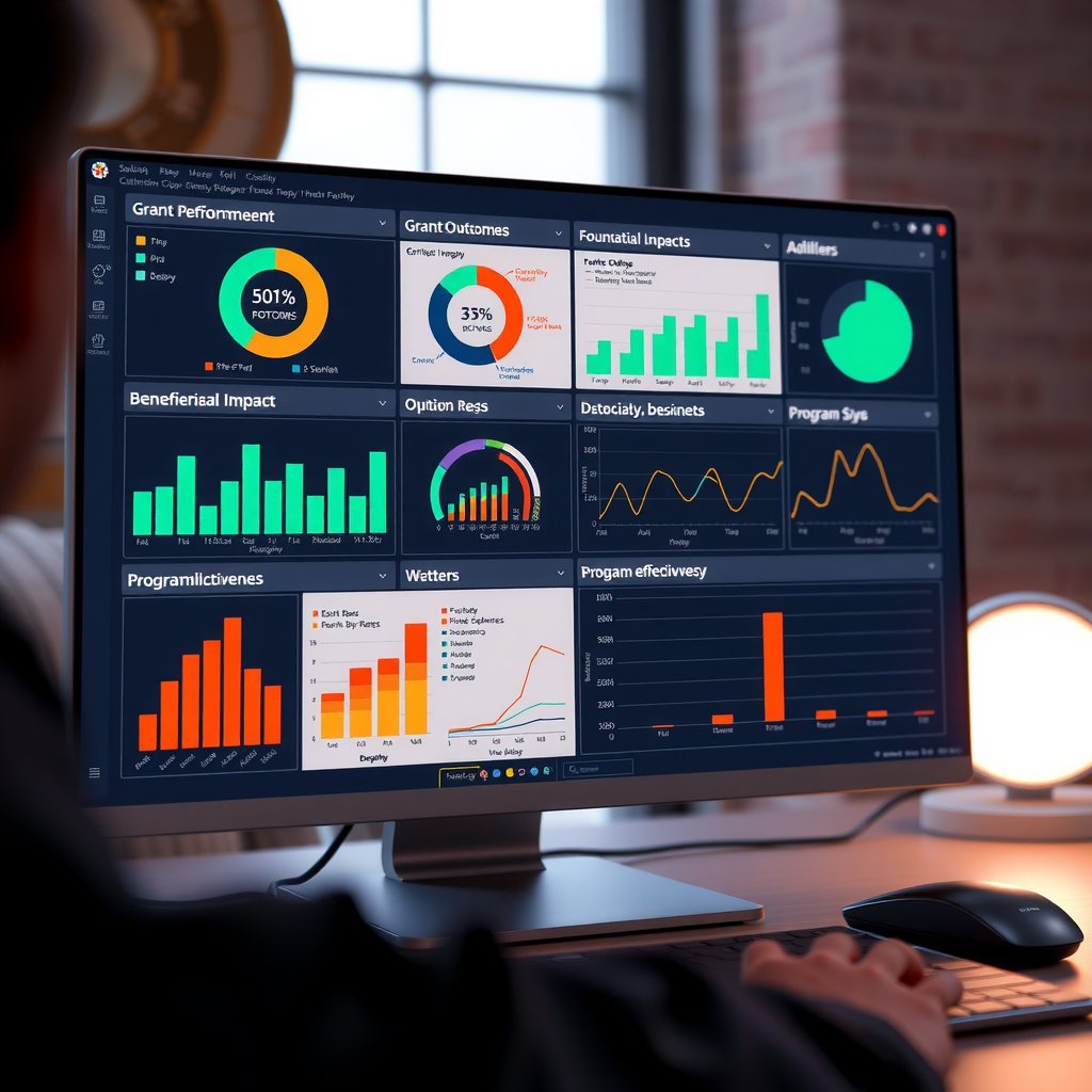 Computer screen displaying a comprehensive KPI dashboard with various charts, graphs, and metrics tracking foundation performance including grant outcomes, beneficiary impact, and program effectiveness