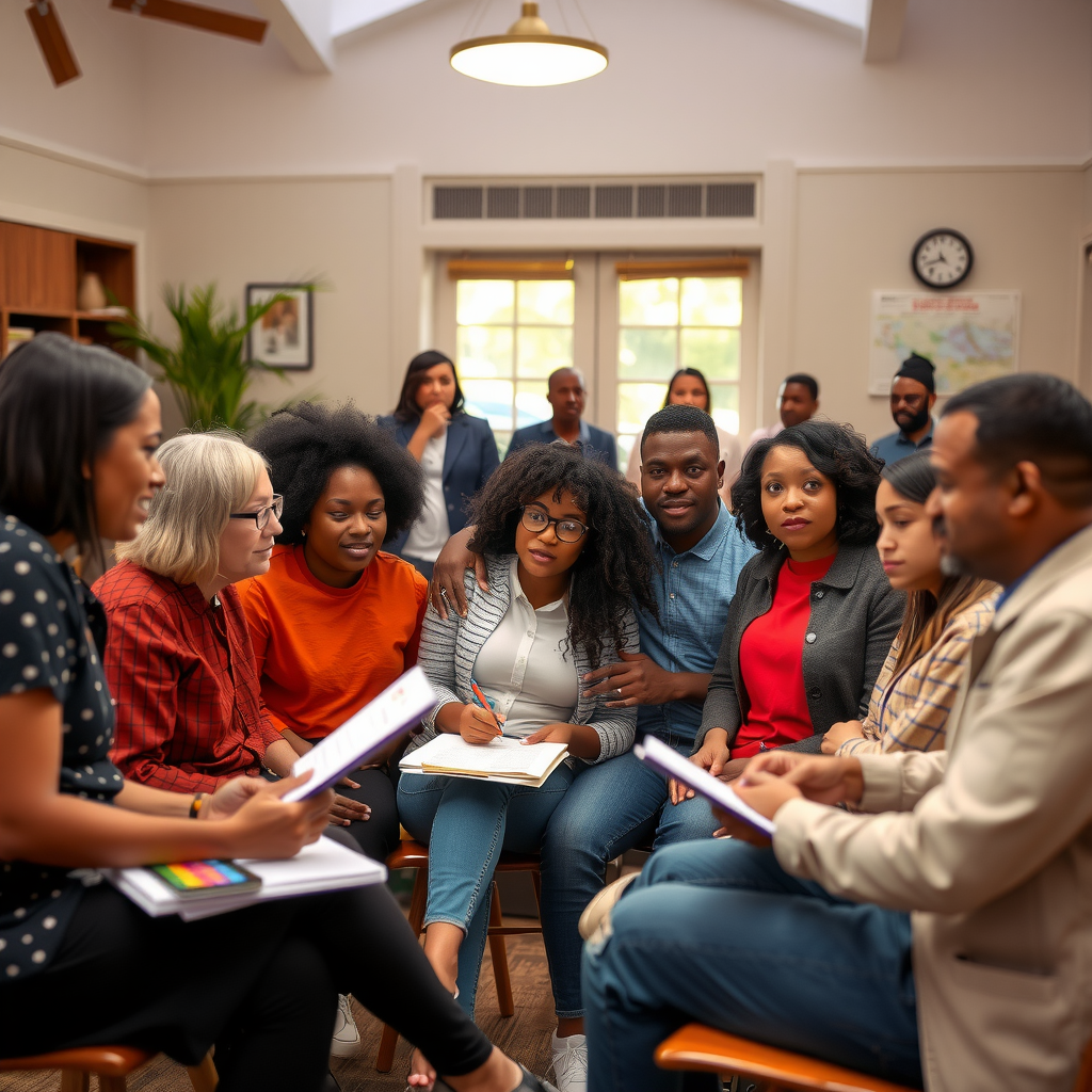 Diverse group of community members, nonprofit leaders, and foundation staff participating in a community listening session, with participants sharing their experiences and perspectives while foundation representatives take notes and facilitate discussion in a welcoming community center setting