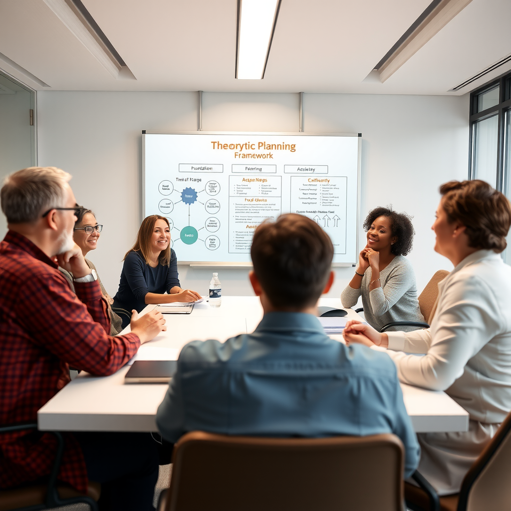 Foundation leaders in a bright modern conference room conducting strategic planning session with whiteboard displaying theory of change framework, stakeholder maps, and community needs assessment diagrams