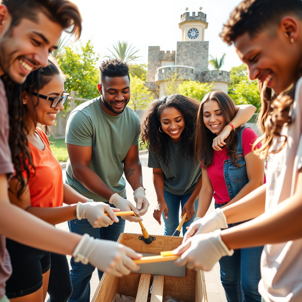 Diverse group of young adults in casual clothing working together on a community service project, smiling and collaborating while painting, building, or organizing materials in a bright outdoor setting with natural sunlight