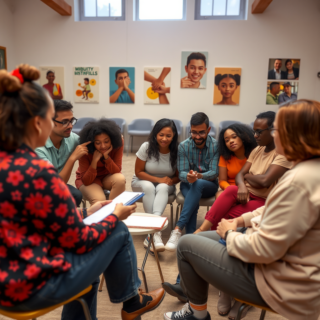 Diverse group of community members sitting in a circle during a feedback session, with a facilitator taking notes, showing engaged discussion and participatory evaluation in a community center setting
