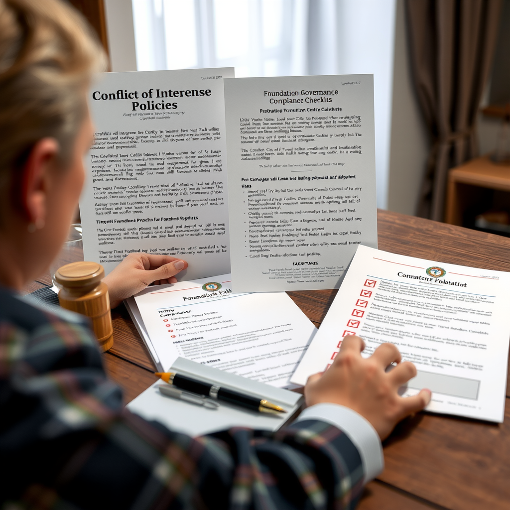 Professional legal review setting showing conflict of interest policies, self-dealing prohibition documentation, foundation governance materials, and compliance checklists for private foundation trustees and managers