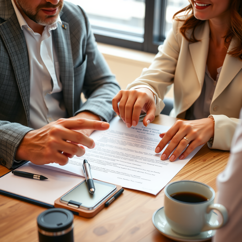 Foundation leaders reviewing partnership documents together, close-up of hands pointing at contract terms and governance structures, professional meeting setting with coffee cups and notepads