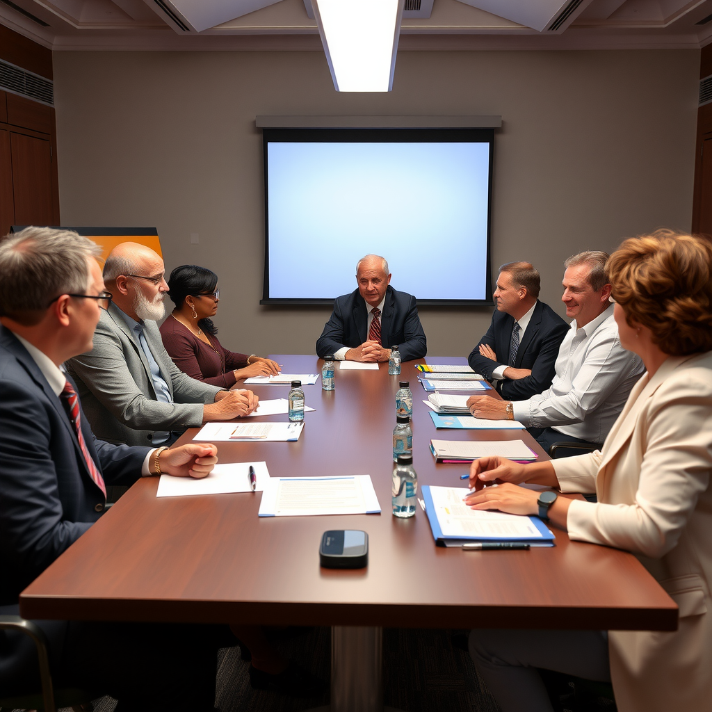 Foundation leaders, nonprofit executive directors, government officials, and community representatives seated around a large conference table engaged in collaborative discussion, with presentation materials and strategic planning documents visible, demonstrating active partnership and shared decision-making