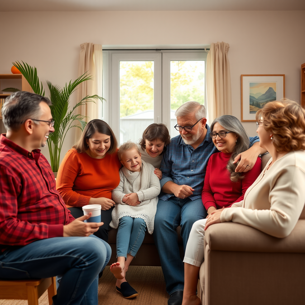 Warm, intimate scene of extended family members of various ages gathered in a comfortable living room setting, engaged in friendly conversation about foundation matters, with natural lighting and casual, relaxed atmosphere