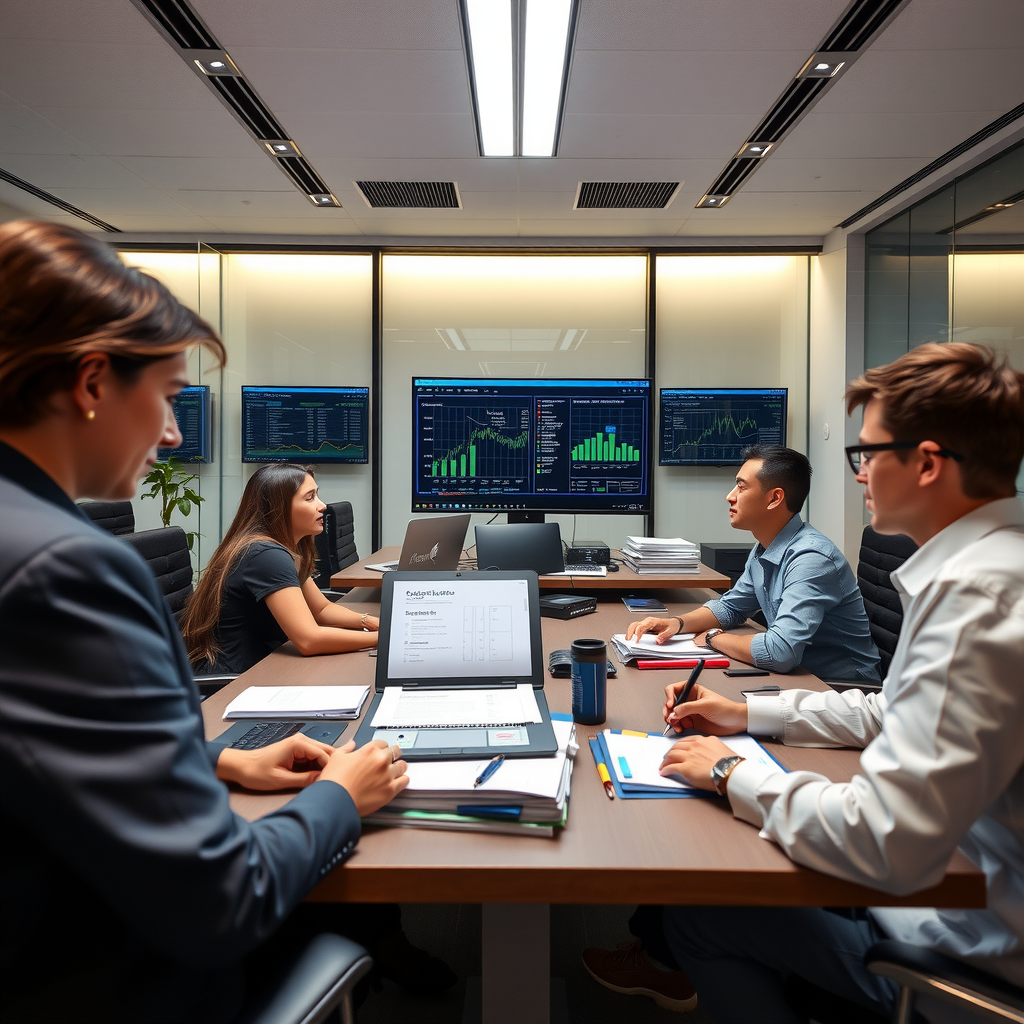 Modern foundation office showing digital compliance management systems, organized financial records, board governance documentation, and professional staff managing tax compliance and regulatory requirements for private foundation operations