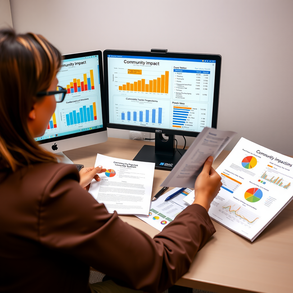 Foundation program officer reviewing community impact data and feedback from grantee organizations, with charts showing outcome metrics, community survey results, and qualitative feedback from program participants displayed on computer screens and printed reports