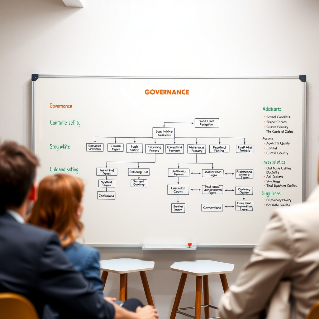 Whiteboard showing collaborative governance structure with organizational chart, decision-making flowchart, and stakeholder roles clearly mapped out, professional strategy session setting