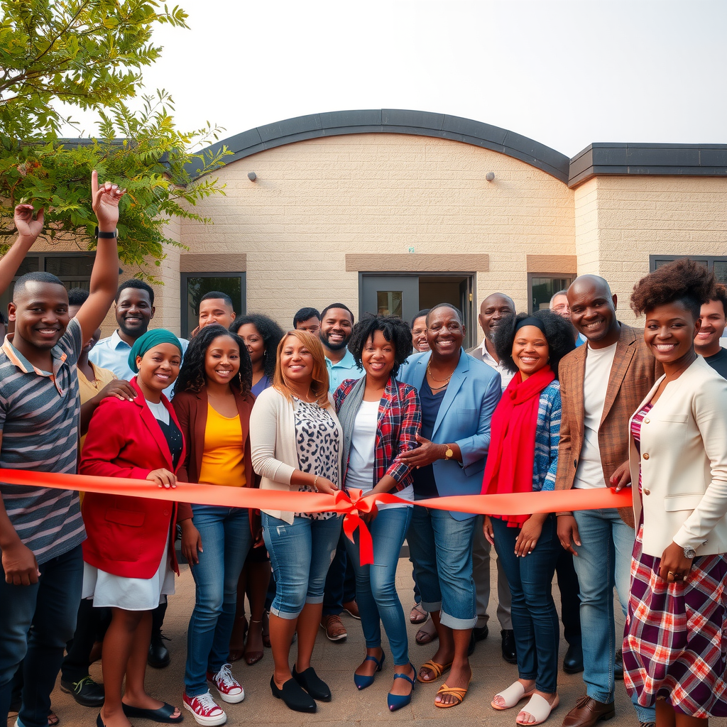 Community members and foundation representatives celebrating successful collaborative project completion, diverse group gathered around completed community center or facility, ribbon cutting ceremony, joy and accomplishment visible