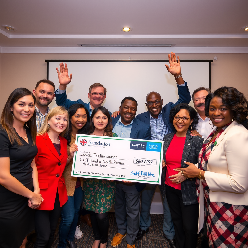 Successful partnership celebration showing foundation staff, non-profit leaders, and community members celebrating a grant award and program launch